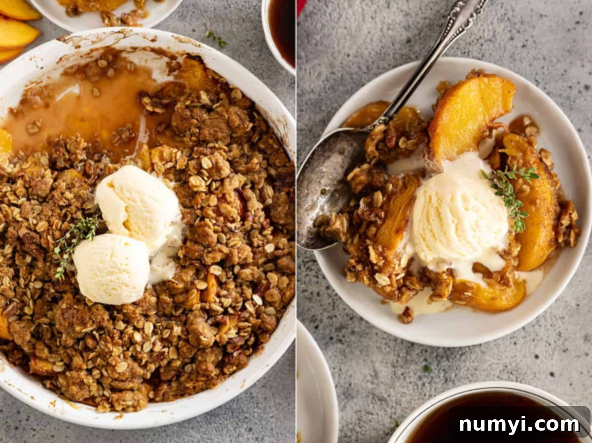 Two overhead pictures: one of the entire pan of crisp with ice cream on top and the second a generous helping on a plate with ice cream melting on top and a spoon off to the side. 