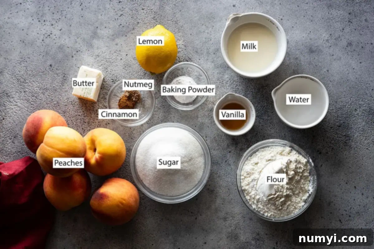 Ingredients: peaches, butter, lemon, nutmeg, cinnamon, baking powder, flour, vanilla, milk, water.