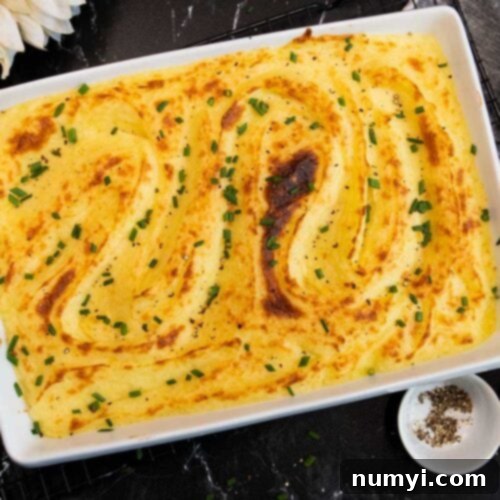 Whipped potatoes in a casserole dish.