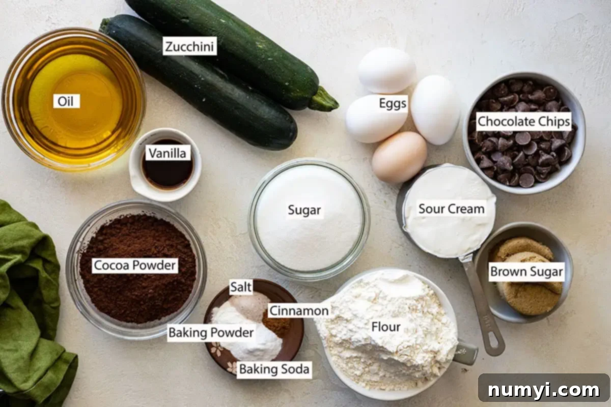 Array of fresh ingredients for Chocolate Zucchini Bundt Cake: zucchini, eggs, oil, Dutch-processed cocoa powder, vanilla extract, granulated sugar, brown sugar, all-purpose flour, salt, cinnamon, baking powder, baking soda, sour cream, and chocolate chips.