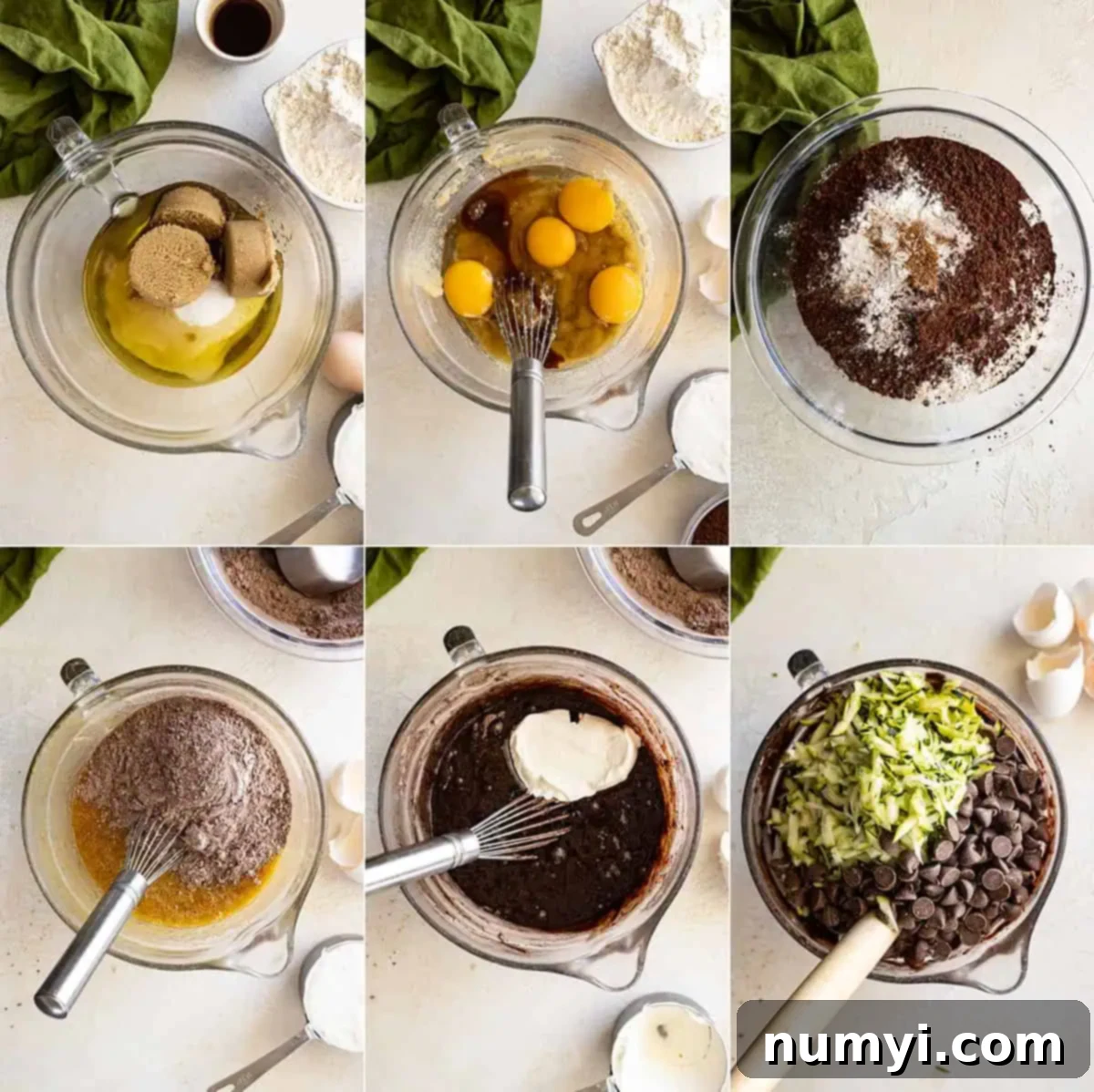A collage of six progression photos demonstrating the step-by-step mixing process of the Chocolate Zucchini Bundt Cake batter in large bowls.