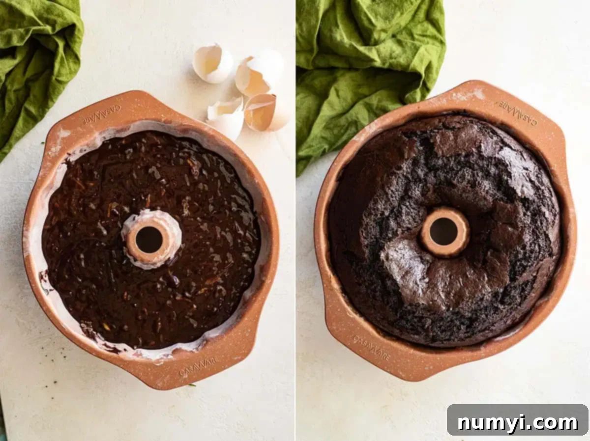 Two side-by-side images: one showing the chocolate zucchini bundt cake batter poured into a greased bundt pan before baking, and the second showing the beautifully golden-brown bundt cake freshly baked and still in the pan.