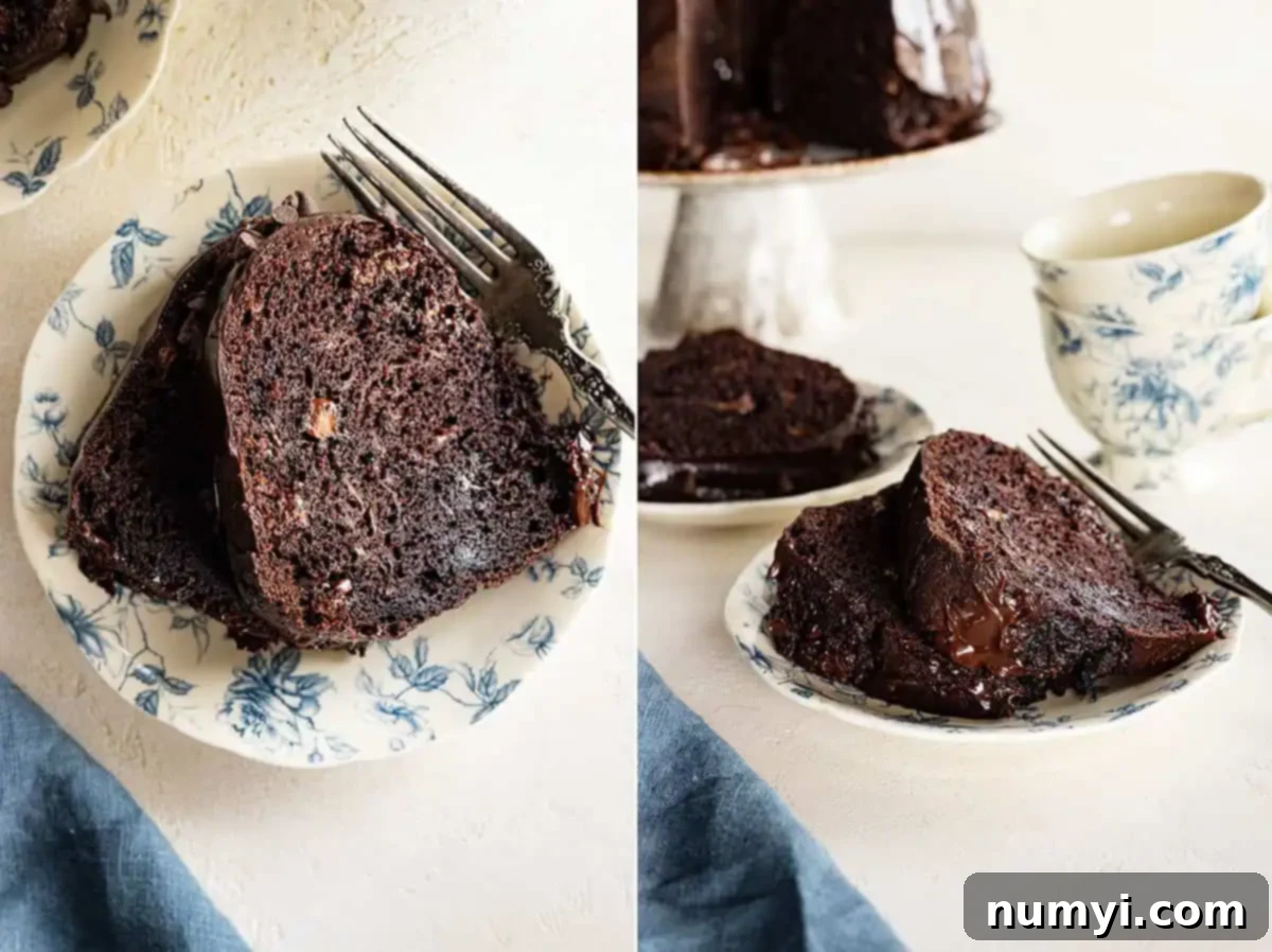 Two inviting photographs: one an overhead shot of a perfectly cut slice of Chocolate Zucchini Bundt Cake, revealing its moist crumb, and the second showing multiple slices arranged on plates with forks and accompanying beverages, ready for enjoyment.