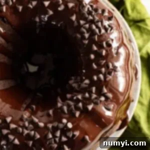 Overhead view of cake with glaze and chocolate chips on top.