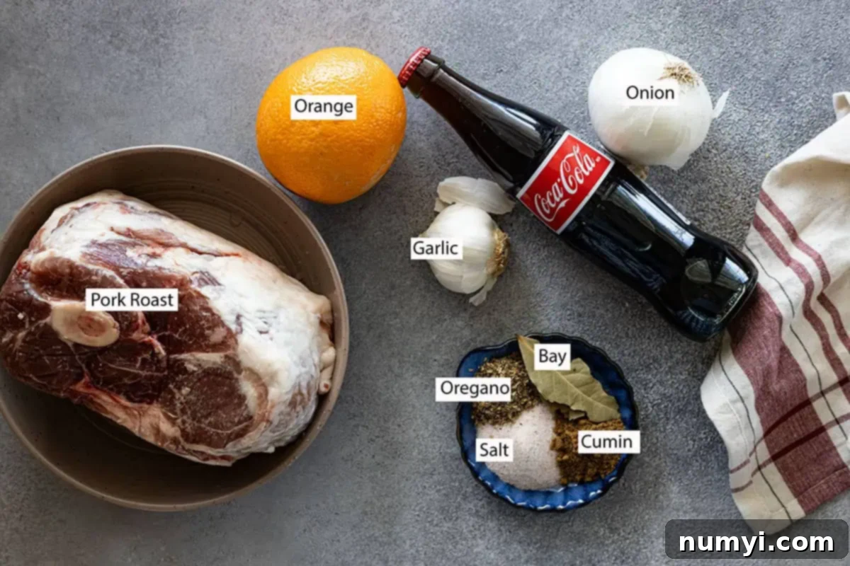 Ingredients: pork roast, orange, coke, onion, garlic, oregano, cumin, bay leaves, and salt. 