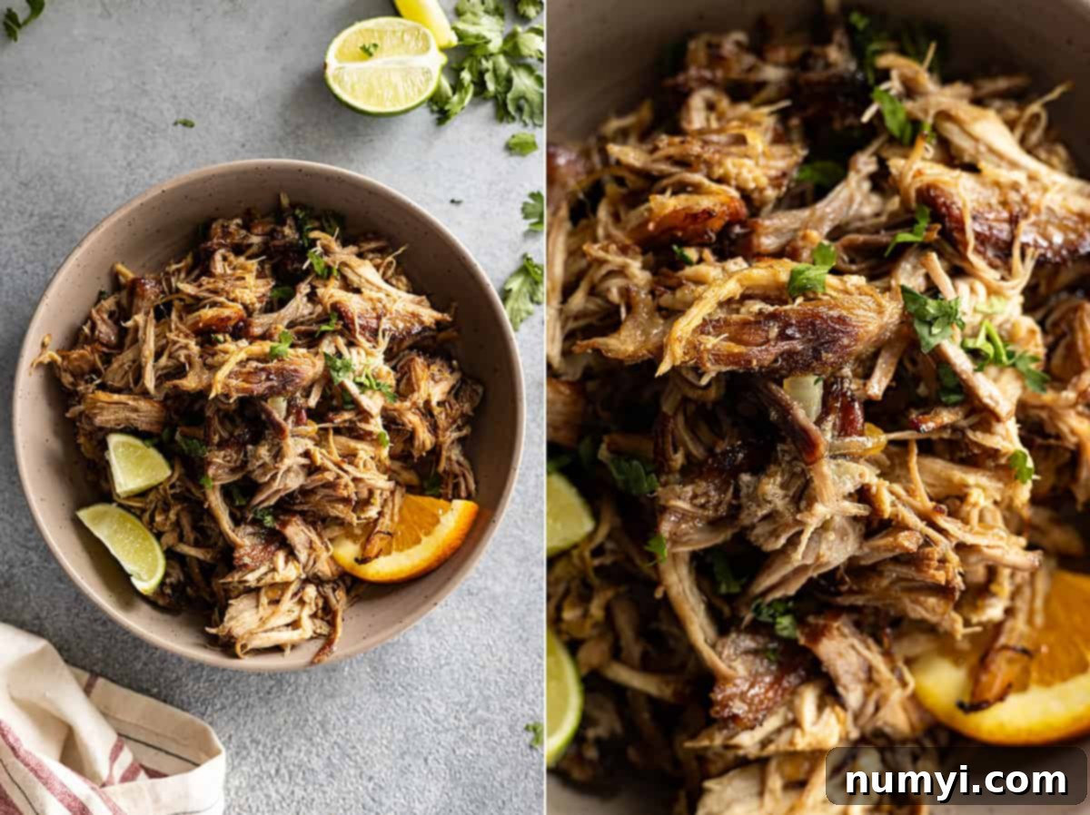 Two pictures showing the carnitas meat. One is a close up of the meat in a bowl. 