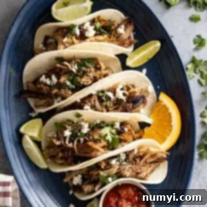 Overhead view of carnitas in tortillas all lined up on a blue plate.