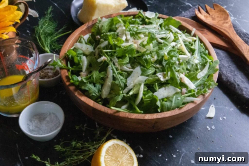 Bright Arugula Fennel Salad 5 arugula fennel salad in wooden bowl