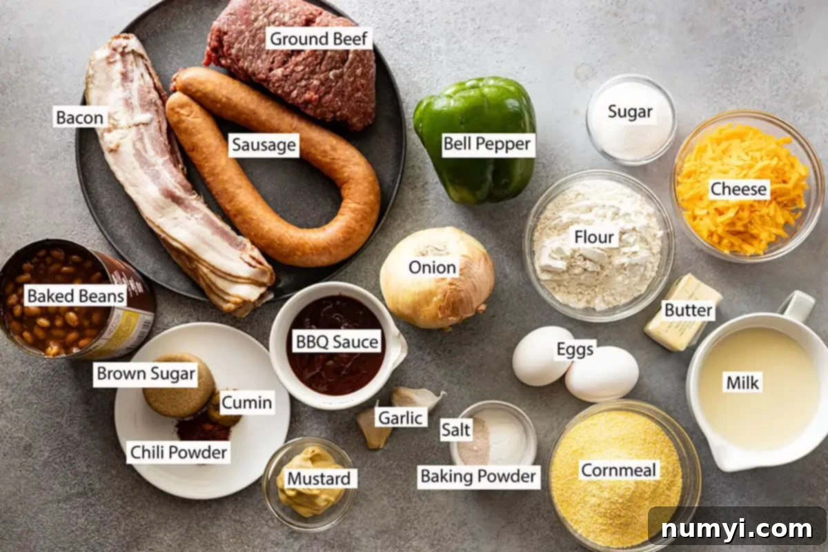 Ingredients: bacon, sausage, beef, bell pepper, sugar, cheese, flour, butter, milk, cornmeal, salt, baking powder, garlic, mustard, BBQ sauce, brown sugar, cumin, chili powder, and baked beans. 