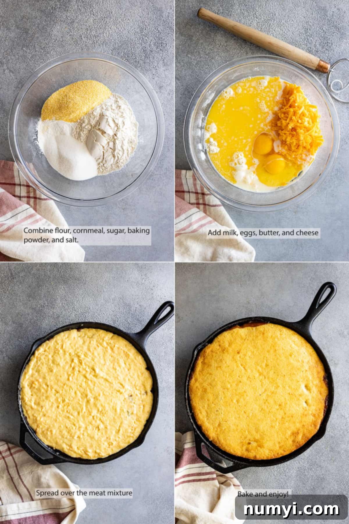 Four pictures showing how to make the cornbread topping and what it looks like fresh from the oven.