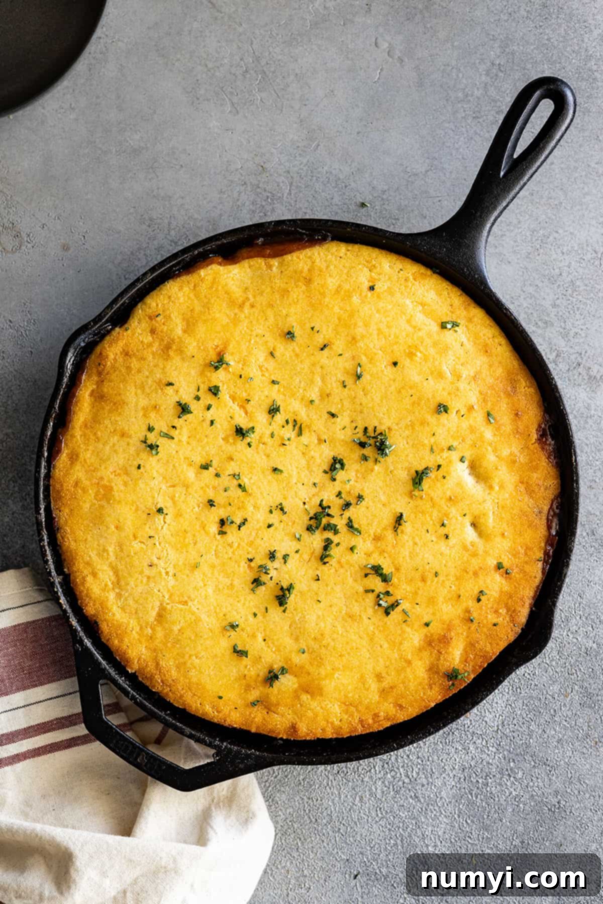 Overhead view of casserole in a cast iron skillet fresh from the oven. Sprinkled with chopped parsley.