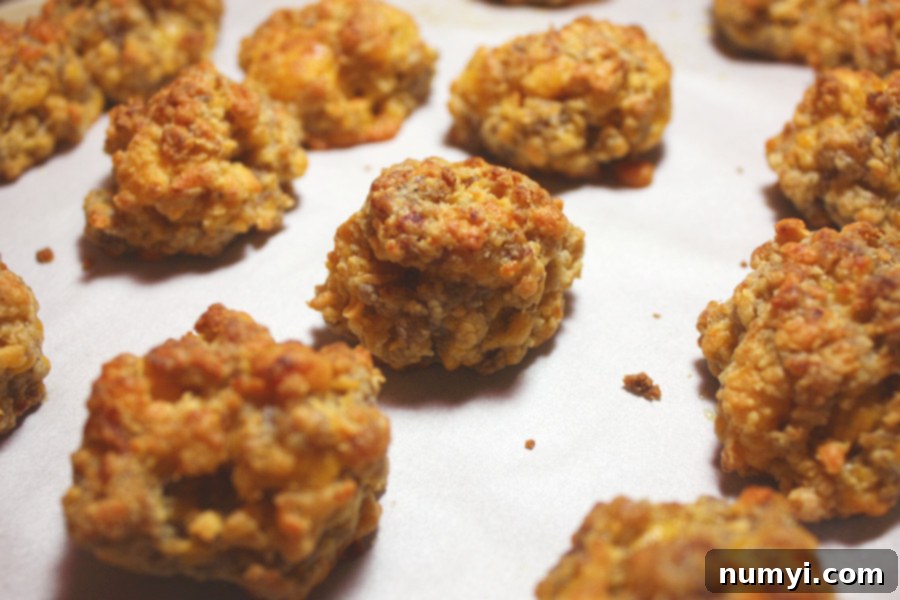 Sausage balls baked on a parchment paper lined baking sheet.