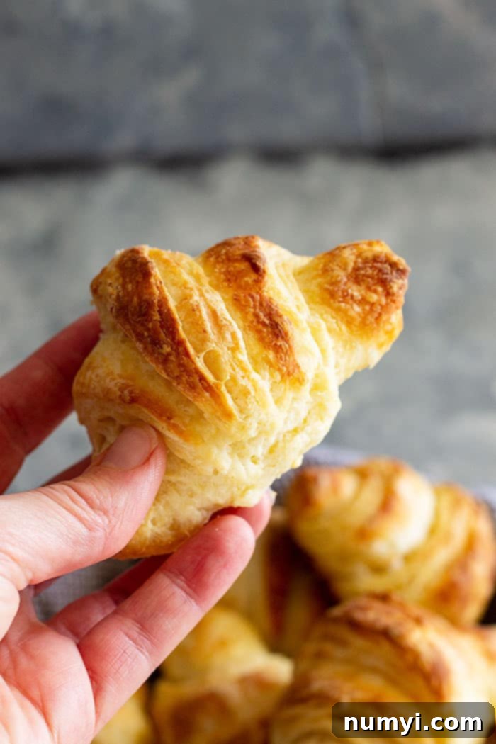 A hand holding up a flaky crescent roll.