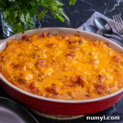 Creamy Chicken and Cheese Spaghetti 8 Chicken spaghetti in a red casserole.