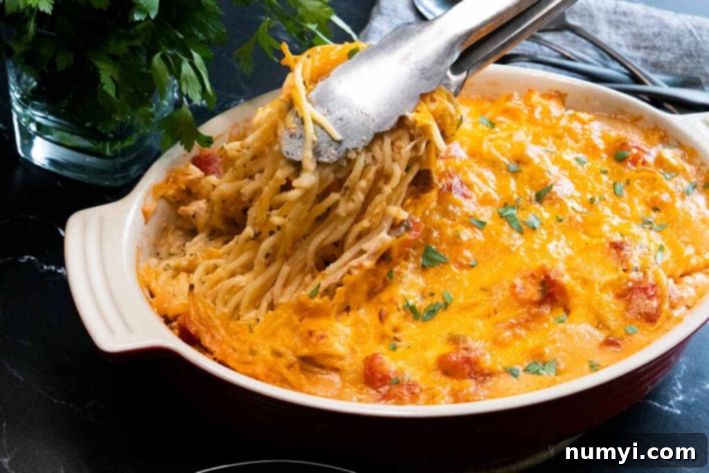 Creamy Chicken and Cheese Spaghetti 7 A serving of creamy chicken spaghetti being scooped from the casserole dish with tongs, ready to be enjoyed.