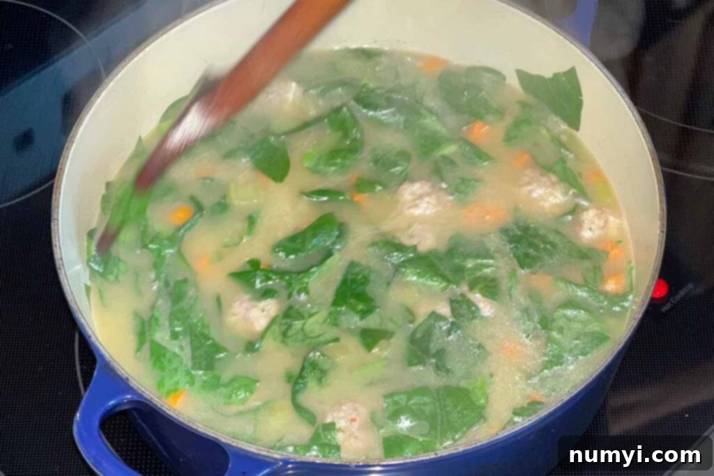 Spinach being stirred to the pot.