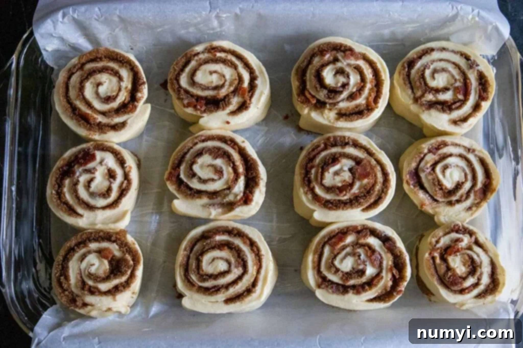 Unproofed Maple Bacon Cinnamon Rolls neatly arranged in a parchment-lined baking dish.