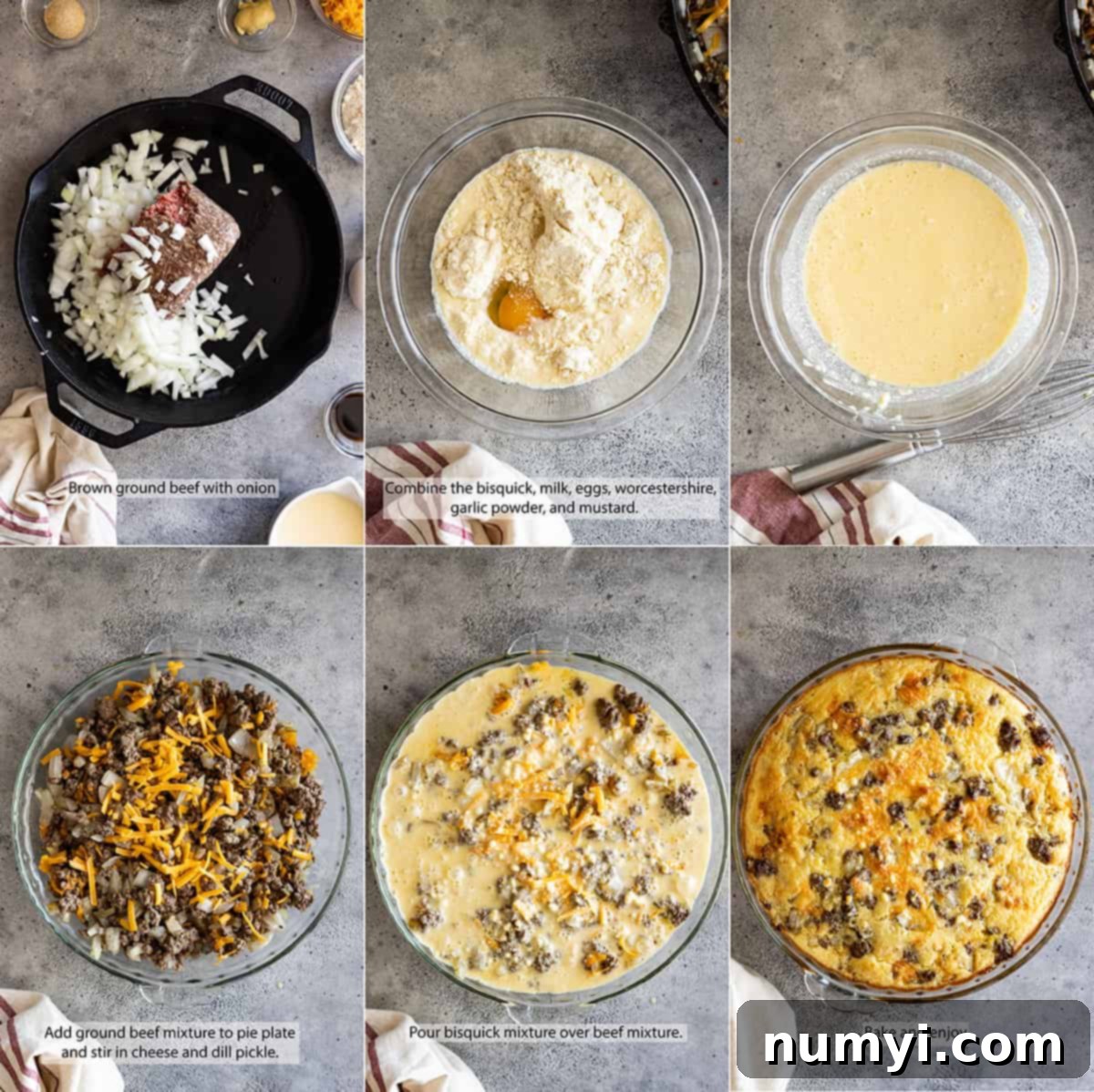 Six pictures showing how to mix together the pie ingredients. 
