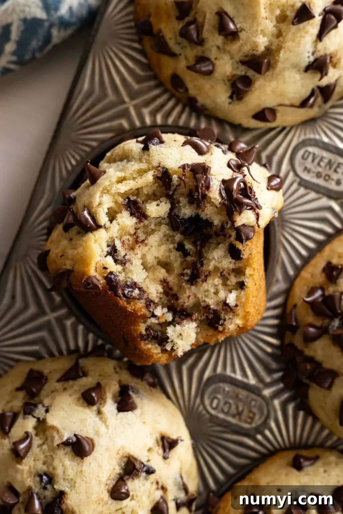 Close up of muffin with bite taken out showing all the chocolate chips inside the muffin. 