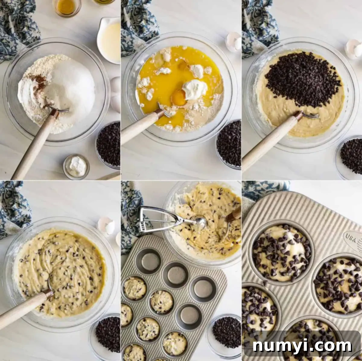 Six pictures showing how to make the chocolate chip muffins.