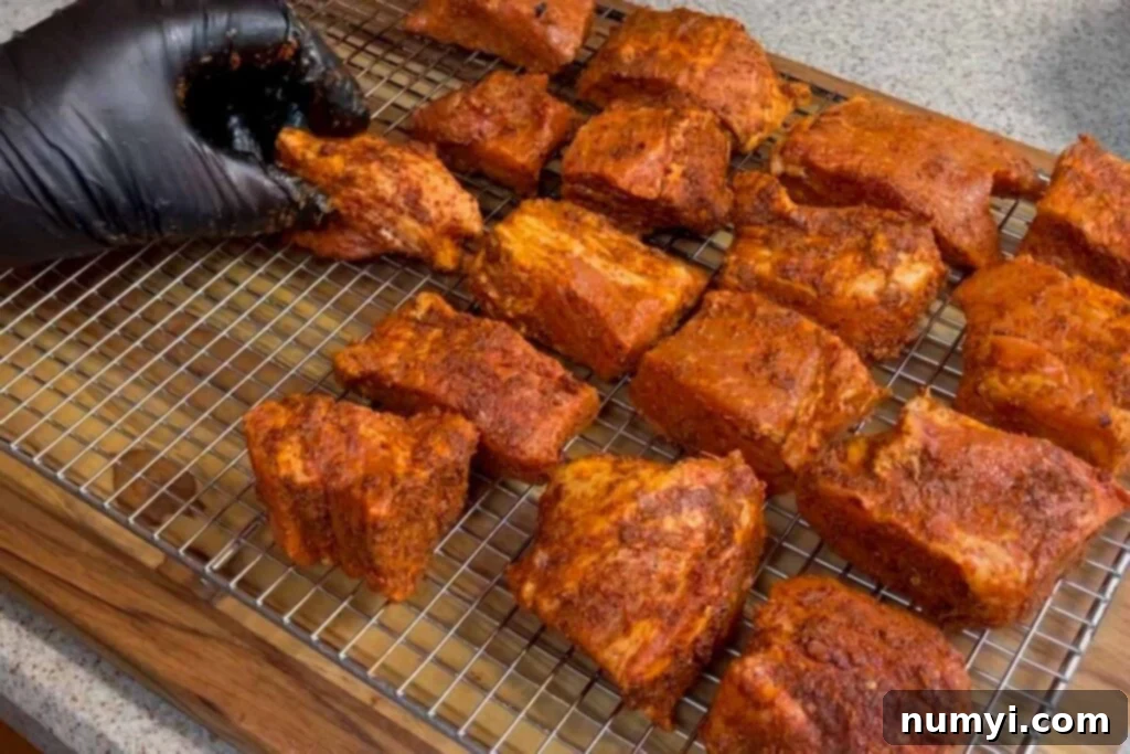 Ultimate Pork Butt Burnt Ends 9 Seasoned pork butt burnt ends cubes arranged neatly on a Bradley rack, prepared for placement into the smoker.