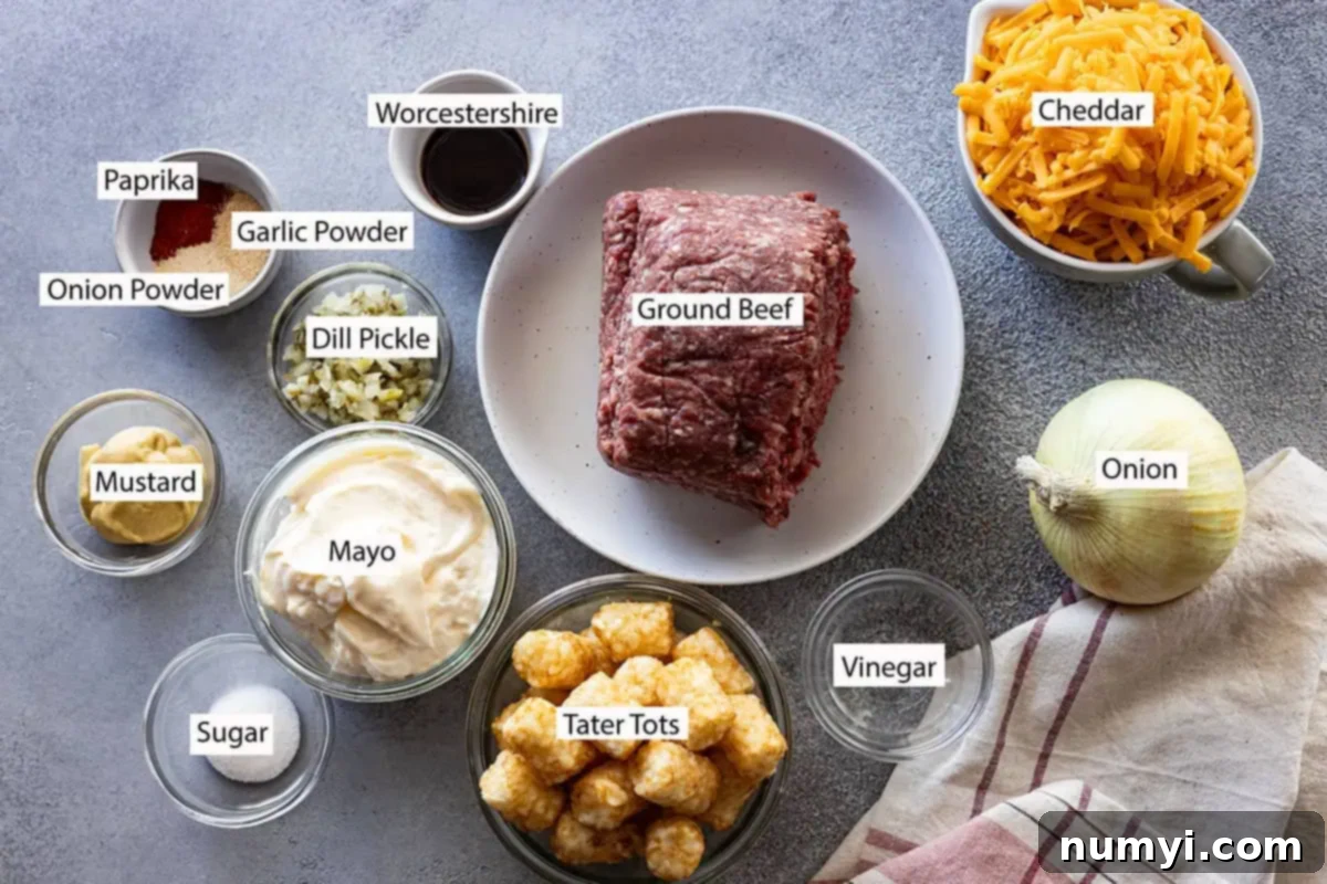 Ingredients: beef, onion, pickle, cheddar, worcestershire, tater tots, garlic powder, onion powder, paprika, mayo, sugar, vinegar. 
