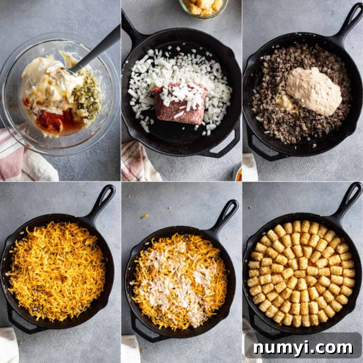 Six pictures showing how to make the big mac tater tot casserole.