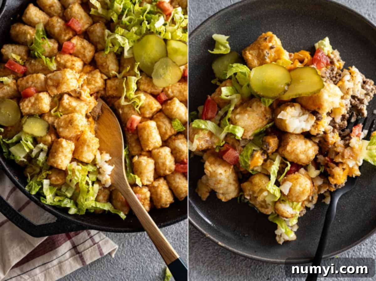 Two pictures, one of the casserole in a skillet with a serving spoon in it and the other is a serving of casserole on a plate with a fork to the side. 