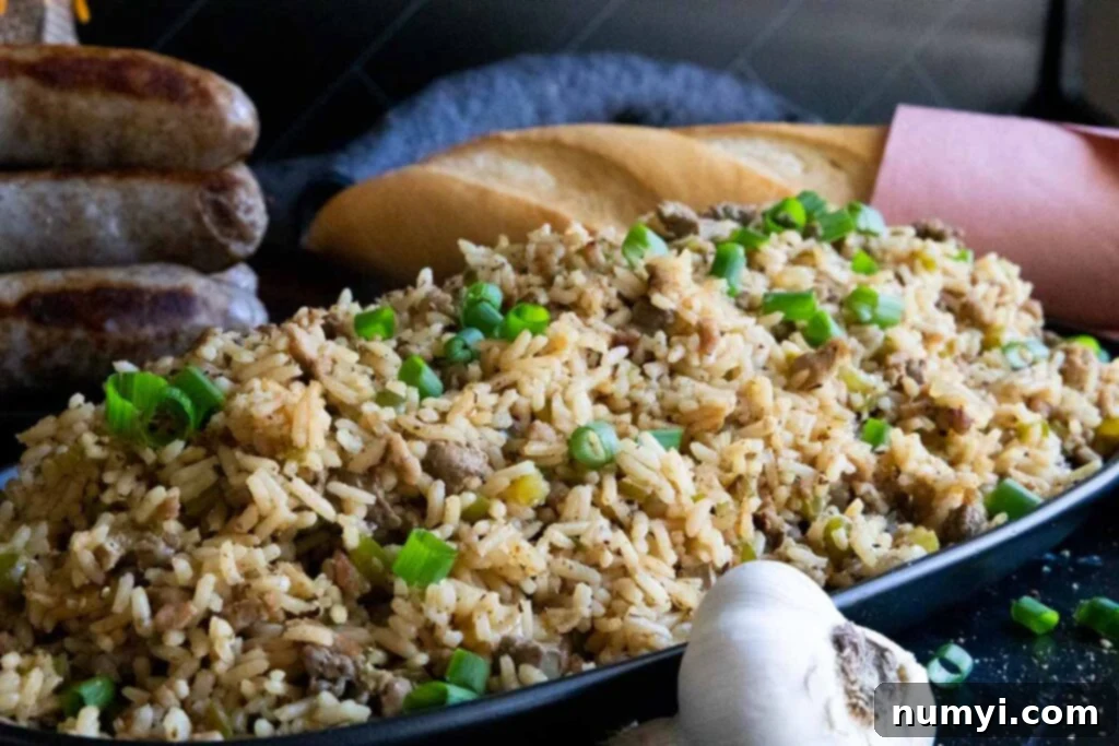A serving of homemade Cajun dirty rice in an oblong dish, with a freshly baked loaf of bread in the soft-focus background, suggesting a comforting meal.