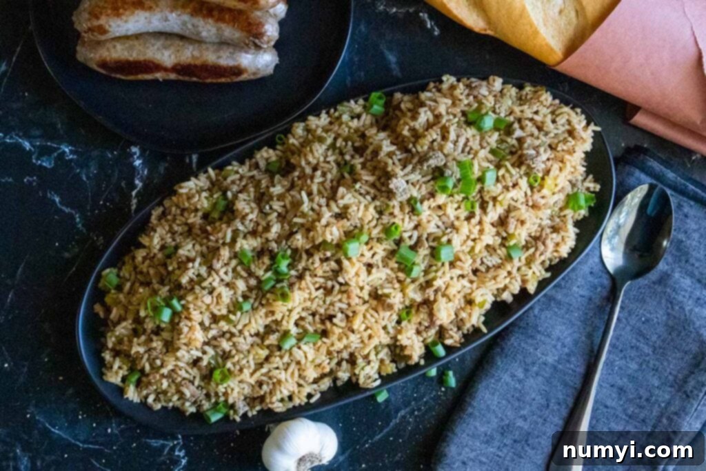 Overhead shot of freshly prepared Cajun dirty rice in a rustic ceramic bowl, garnished with chopped green onions, showcasing its rich, savory appearance.