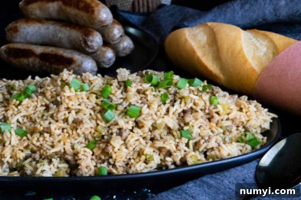 A hearty portion of Cajun dirty rice served in a rustic black bowl, accompanied by grilled sausages and crusty bread, ready to be enjoyed as a full meal.