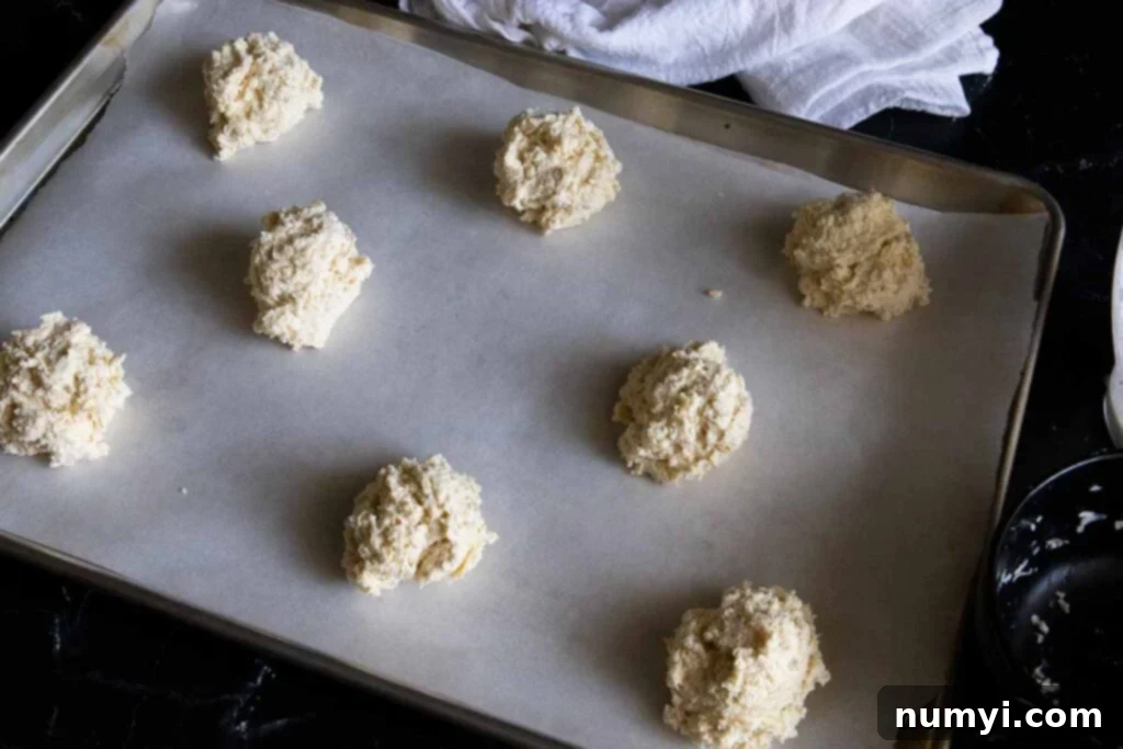 Dough dropped on parchment lined baking sheet.