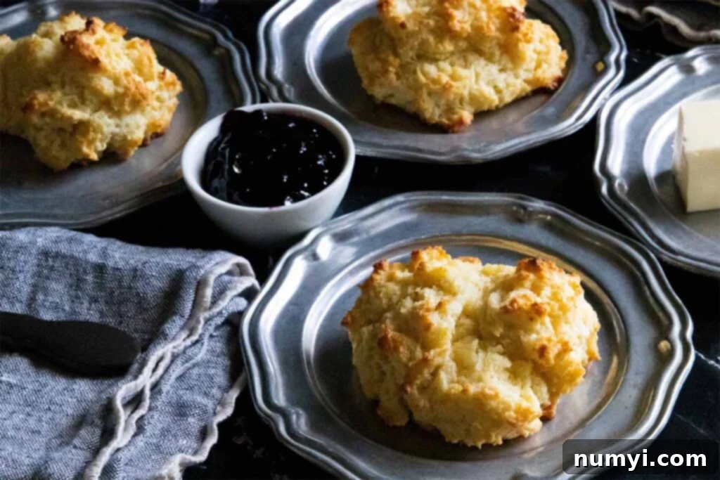 Buttermilk drop biscuits on silver plates with jam in a small bowl, and a butter stick on side plate.