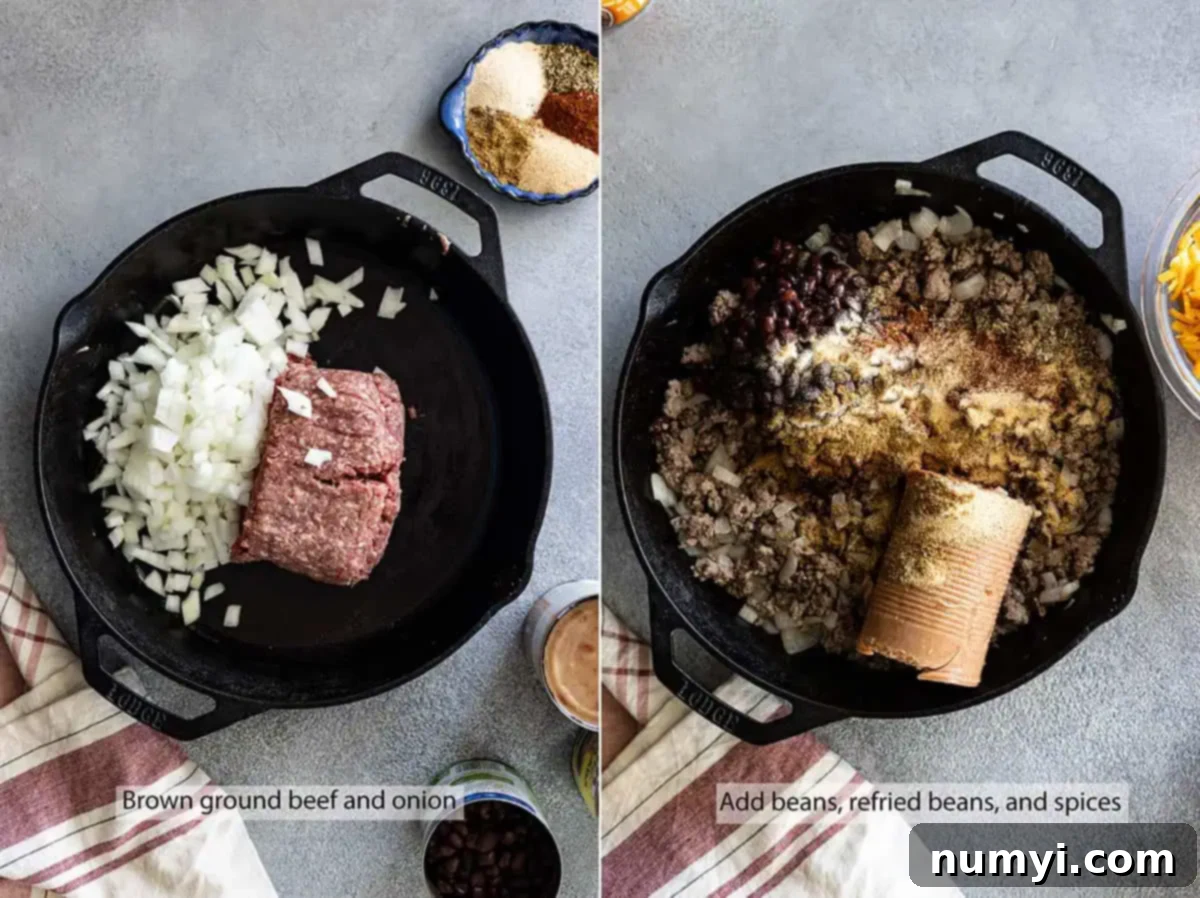 Two pictures showing how to make the beef mixture. 