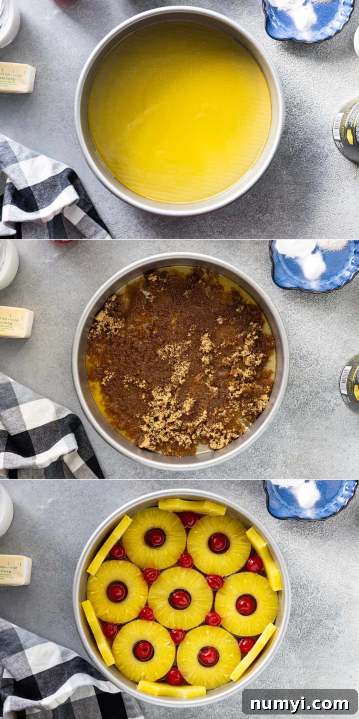 A step-by-step visual guide showing how to prepare the cake pan with melted butter, brown sugar, and arranging pineapple slices and maraschino cherries for the topping.