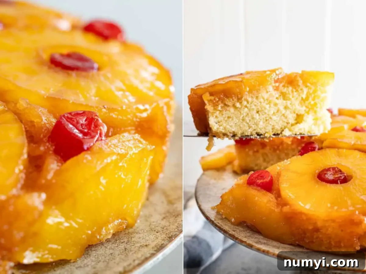 Two close-up pictures of the finished pineapple upside down cake: one showing the moist side of a slice, and another capturing a slice being lifted from the cake with a spatula.