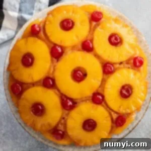 Overhead view of pineapple upside down cake.