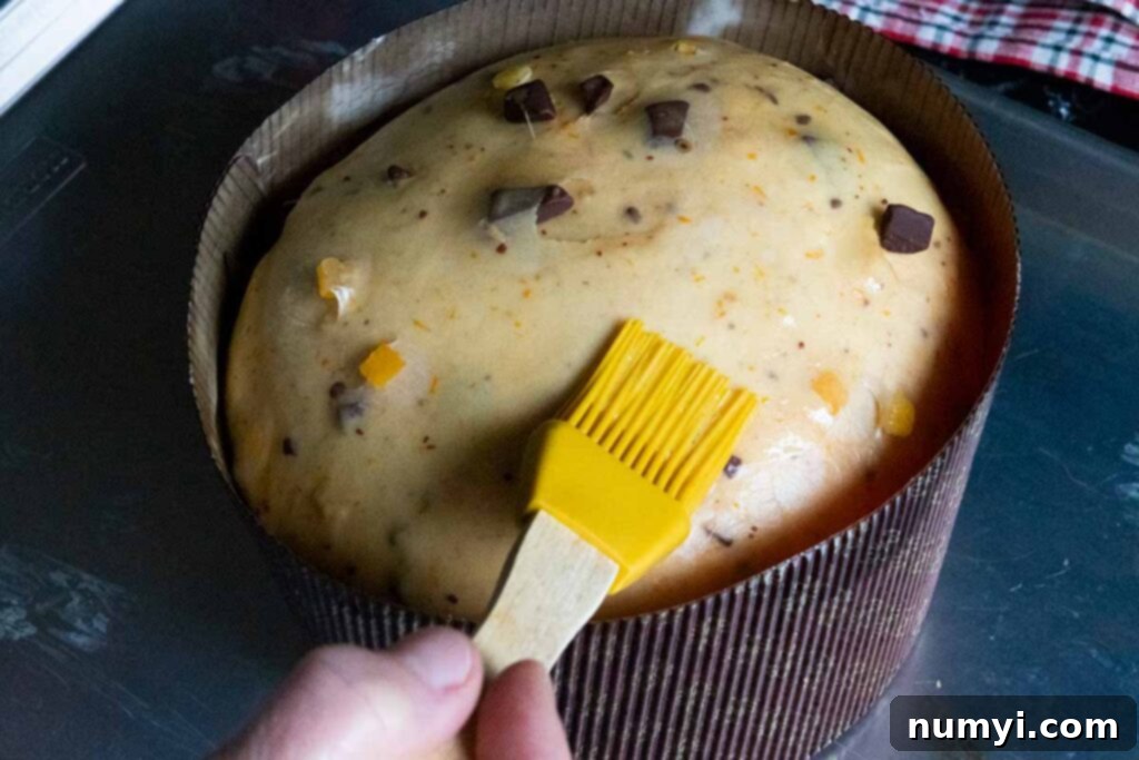 brushing the egg wash on risen dough