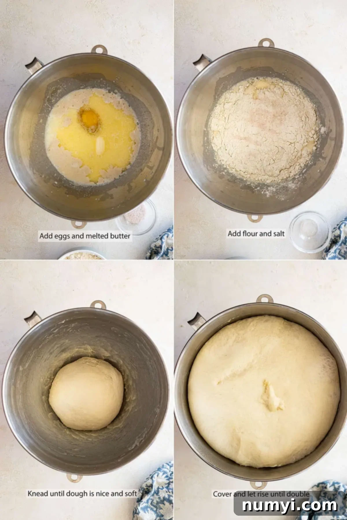 Soft Dinner Rolls 5 Four pictures showing the process of making dinner roll dough: adding ingredients, kneading, and the finished smooth dough.