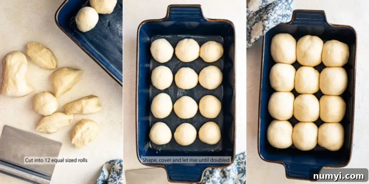 Soft Dinner Rolls 6 Three pictures illustrating how to divide the dough into equal pieces and shape them into smooth dinner roll balls.