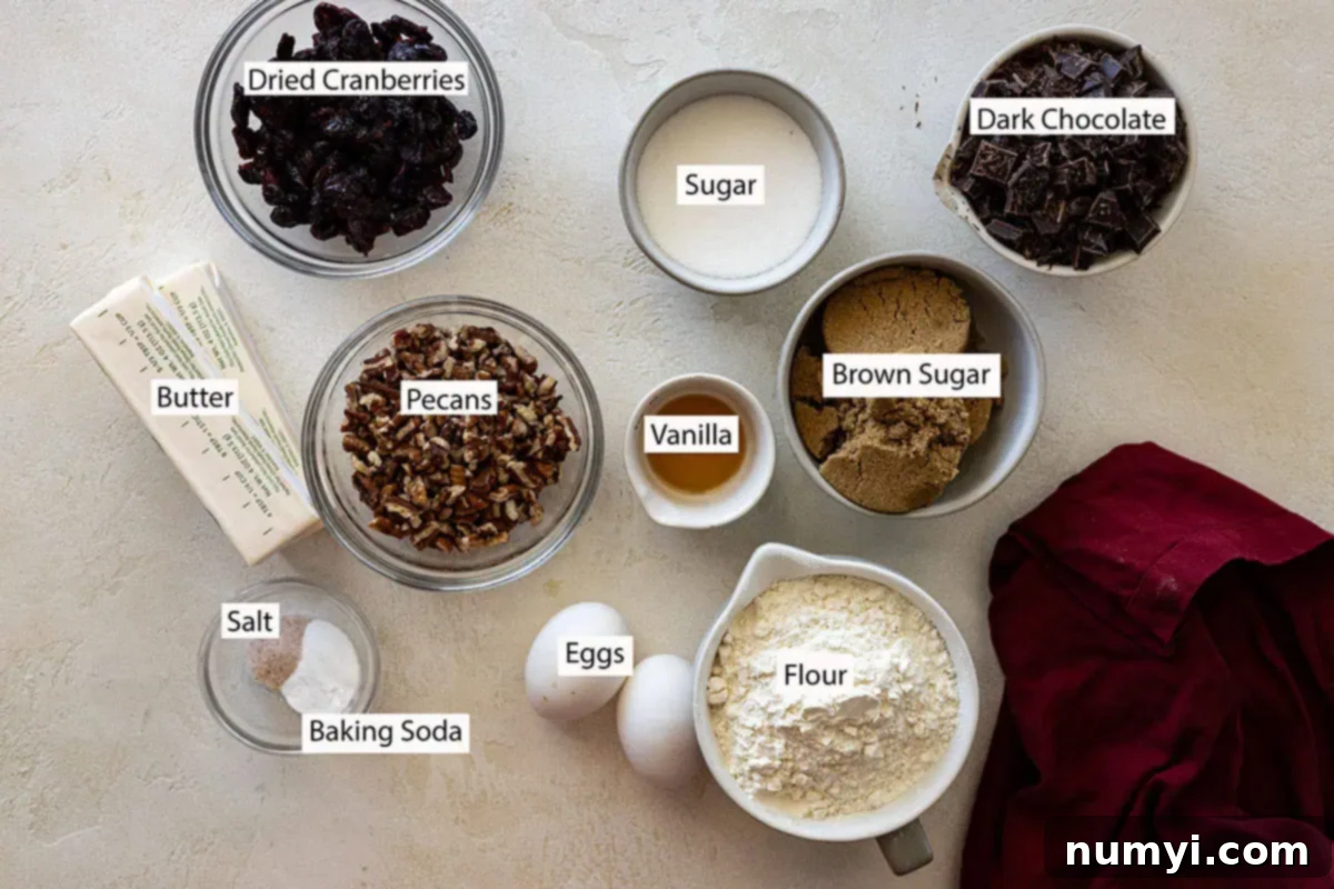 Ingredients: dried cranberries, dark chocolate, sugar, brown sugar, vanilla, pecans, butter, salt, baking soda, eggs, and flour. 