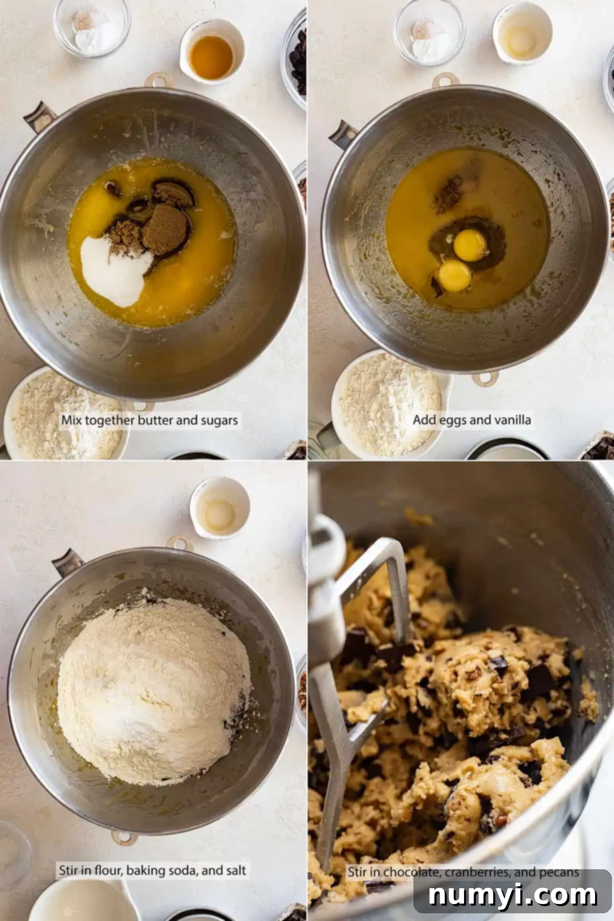 Four pictures showing how to mix up the dough for these dark chocolate cranberry cookies. 