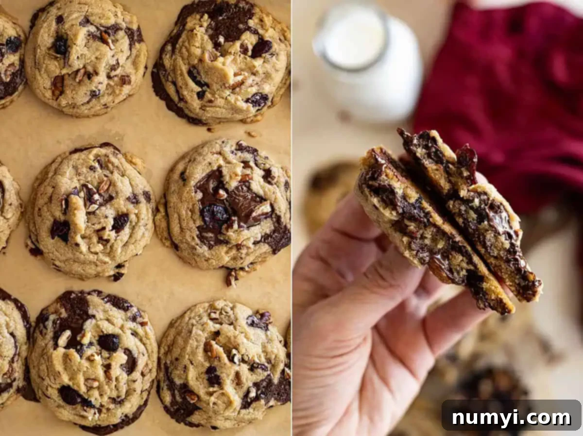 Two pictures side-by-side. One showing cookies fresh from the oven on a baking sheet and the other a hand holding a cookie broke in half to show the inside. 
