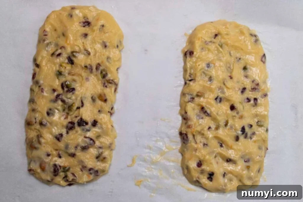 Exquisite White Chocolate Cranberry Pistachio Biscotti 8 Cranberry pistachio biscotti dough formed into logs on parchment paper.