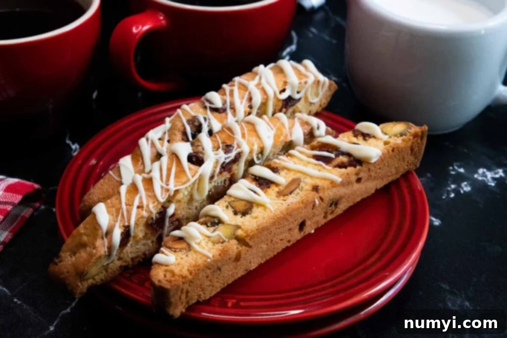 Exquisite White Chocolate Cranberry Pistachio Biscotti 10 Slices of cranberry pistachio biscotti on a dark plate.