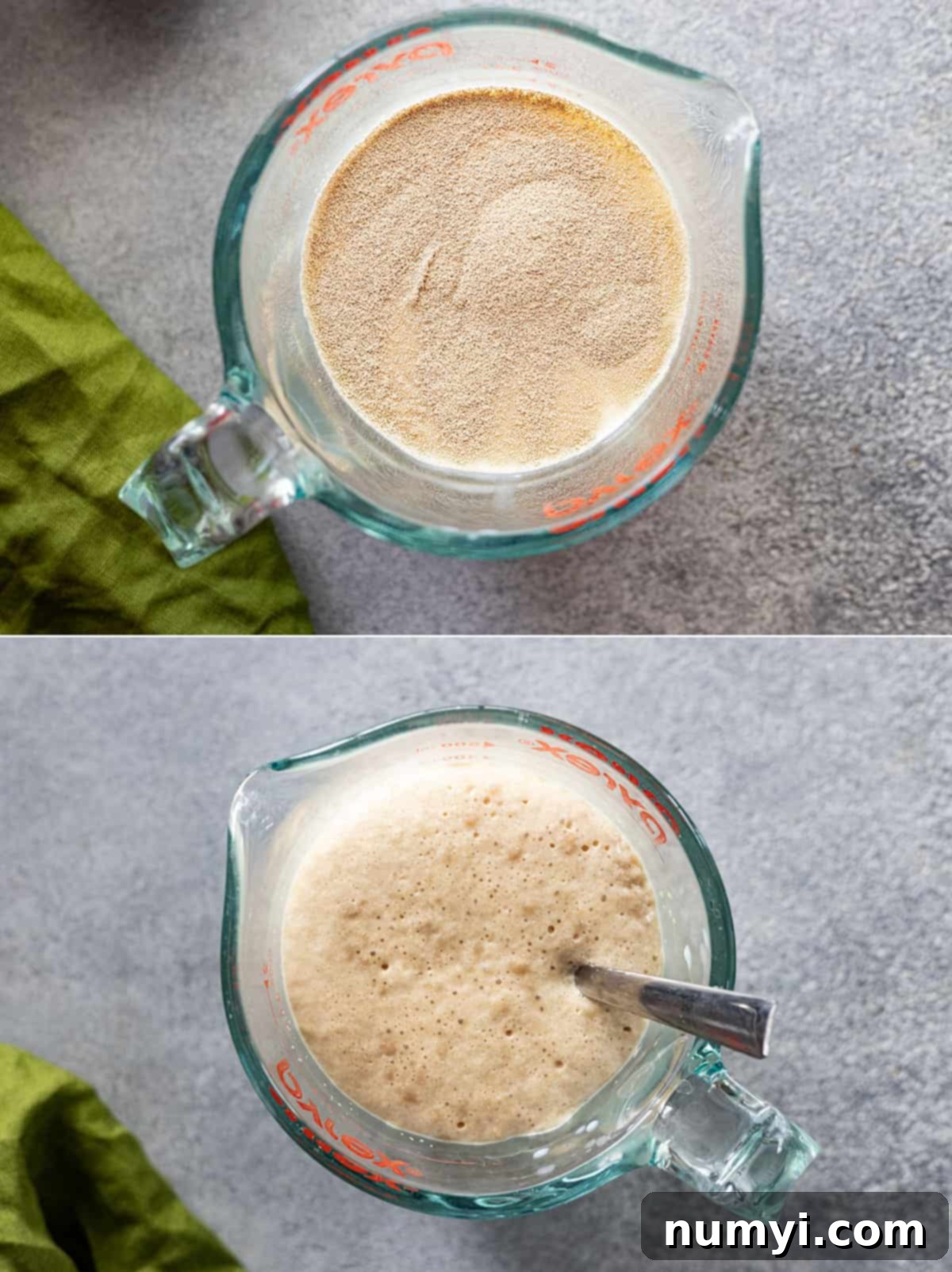 Two side-by-side images showing the yeast activation process: left image shows milk, sugar, and yeast freshly combined, right image shows the mixture after 5 minutes, with a visible layer of foam indicating active yeast.