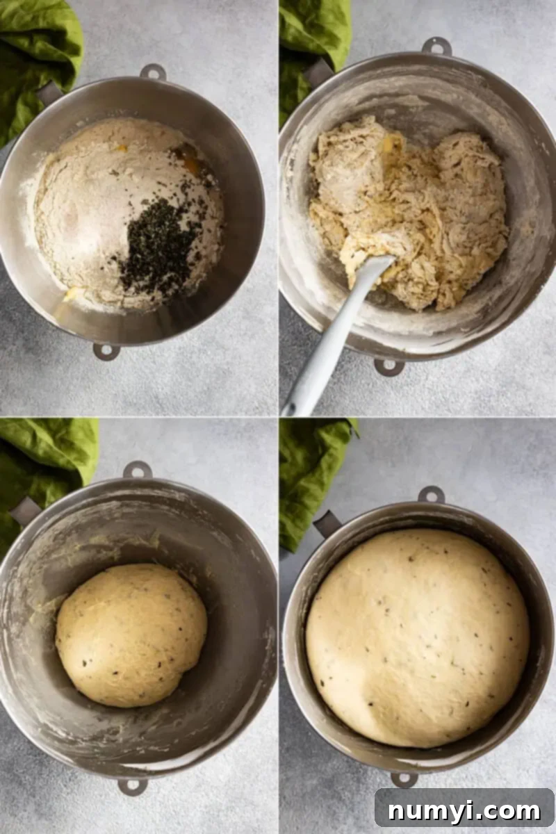 Four sequential images demonstrating the dough mixing process for herb dinner rolls: 1. adding ingredients to the bowl, 2. initial stirring, 3. dough kneading with a hook attachment, 4. well-kneaded, smooth dough pulled away from the sides of the bowl.