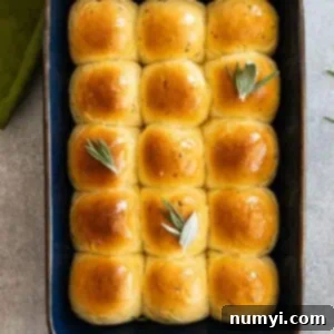 Overhead picture of rolls fresh from the oven and garnished with fresh herbs across the tops.
