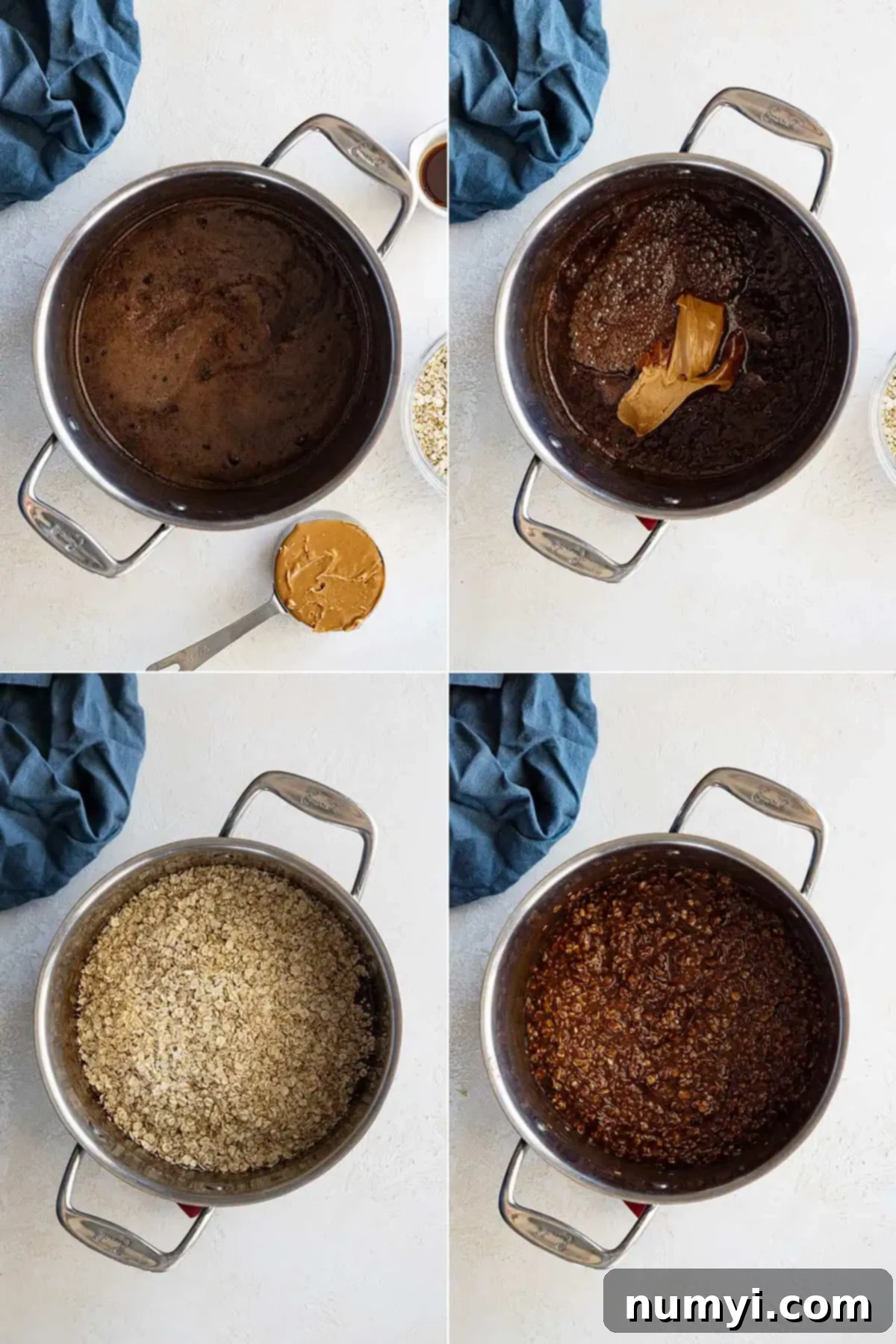 Peanut Butter Chocolate No-Bake Bliss Bombs 4 Four pictures showing how to make these no bake cookies.