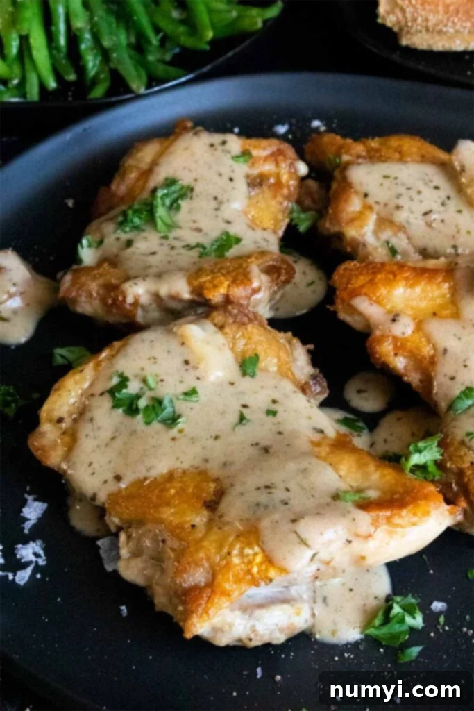 Crispy boneless chicken thigh with a garlic cream sauce on a black plate, ready to be served.